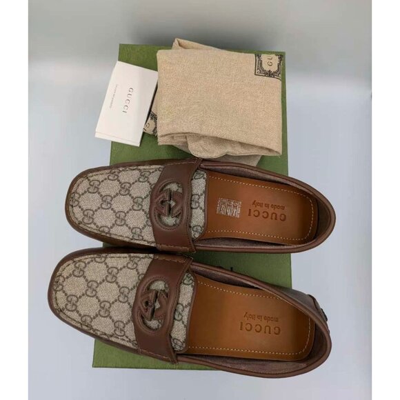Gucci Men’s Interlocking G Supreme Driver Calfskin Loafers Brown Sugar UK9 73014